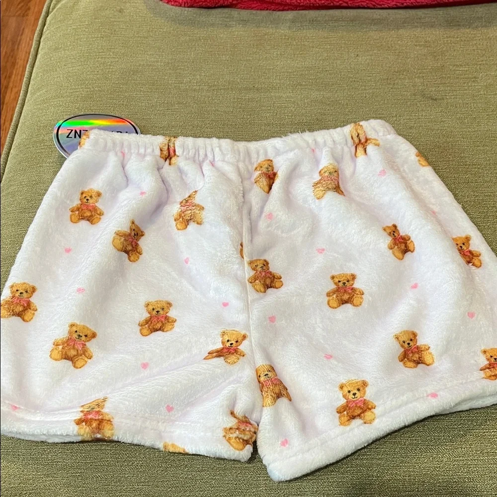 🤑3 for $12 🤑 Top Trenz Plush Teddy Bear Print Lounge Shorts - Light Pink - Picture 5 of 7